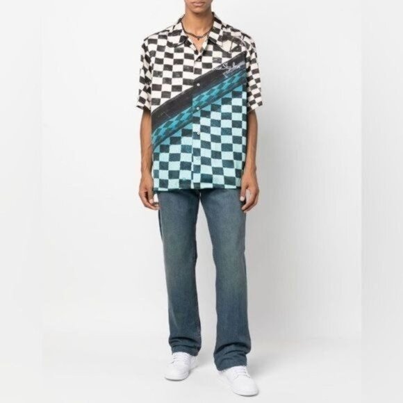 Blue Sky Inn Checkered Bowling Shirt With Embroidered Logo - Picture 1 of 7